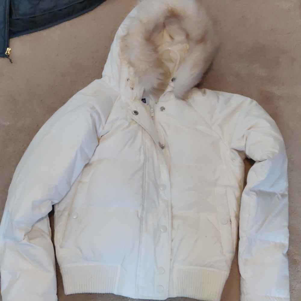 White jacket with fur hood